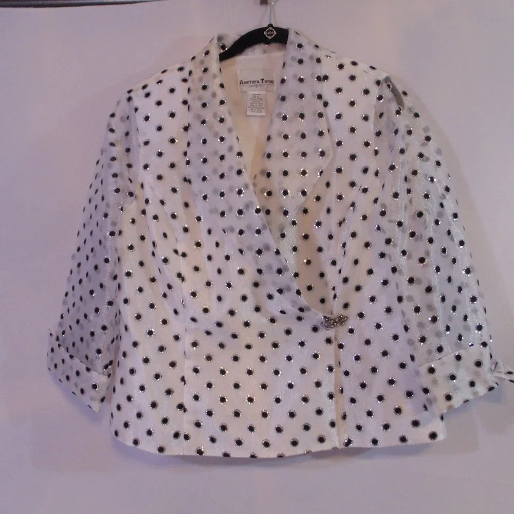 Another Thyme 16 White W/Black polka dots Accent 3/4 Sheer Sleeve Jacket - Picture 1 of 5